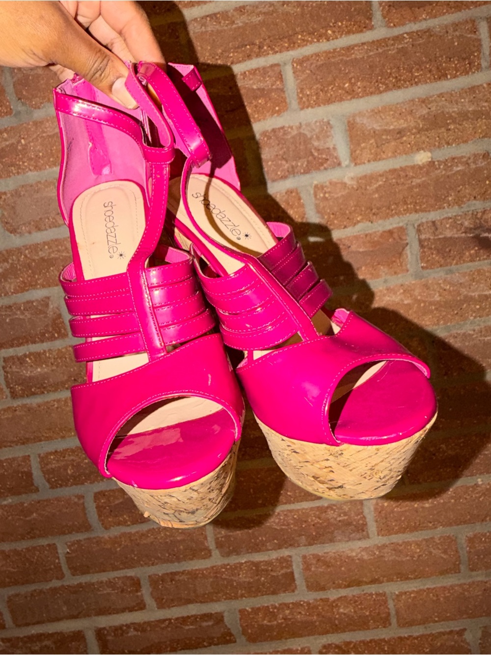 Shoe Dazzle Hot Pink Strappy Cork Platform Wedge Sandals - Picture 5 of 7